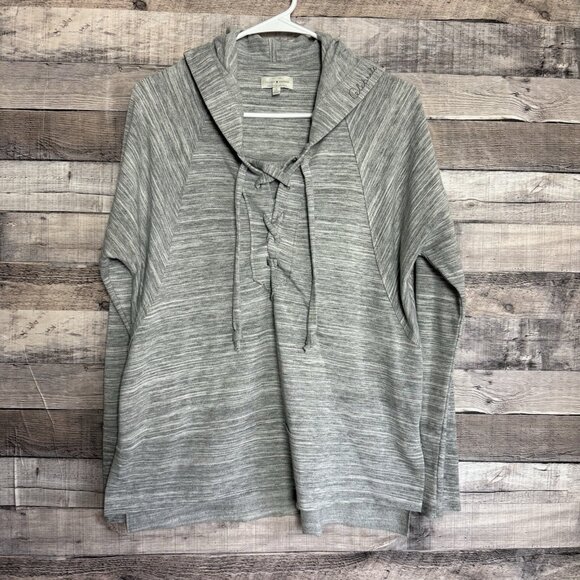 Lucky Brand Tops - Lucky Brand Fleece Hooded Pullover-Small-Heather Gray-Lace Up-High Low Hem-